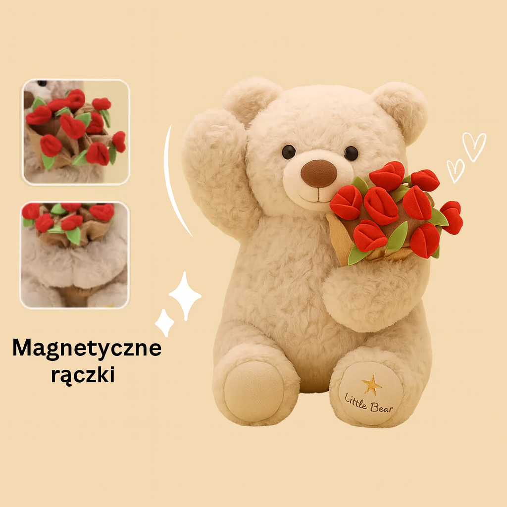 KwiatoMiś™ – Miś z czapką zmieniającą się w bukiet kwiatów