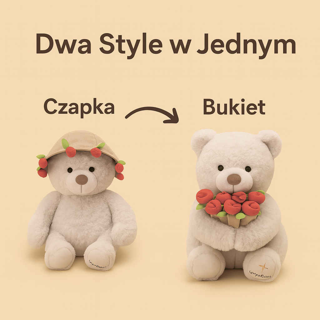 KwiatoMiś™ – Miś z czapką zmieniającą się w bukiet kwiatów